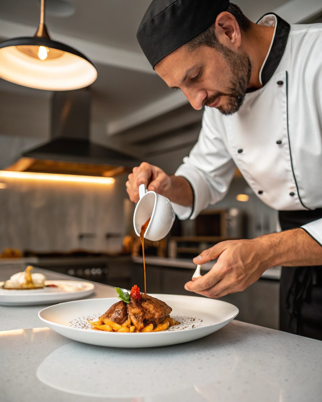 An image of an chef finishing an glaze recipe, this image is added on the blog of a portfolio tips for culinary students on the website of IAMT Global Academy, best hotel management institute in Kerala
