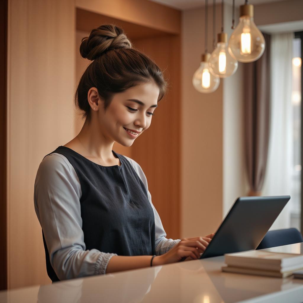 A young hotel receptionist smiling while working on a laptop at a front desk, with warm lighting and modern decor in the background.
