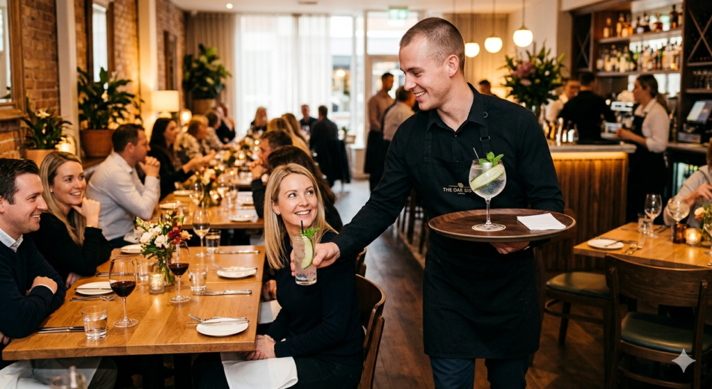Waiter serving beverage on a tray in a restaurant