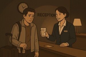 A hotel receptionist offering a glass of water to a tired guest at night, highlighting empathy in hospitality.